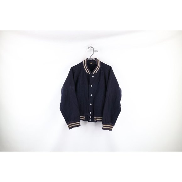 Vintage 50s Medium Distressed Striped Wool Letterman Varsity Jacket Blue USA